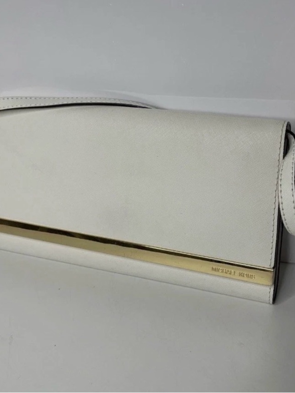 Michael Kors White Leather Clutch with Gold Bar Accent